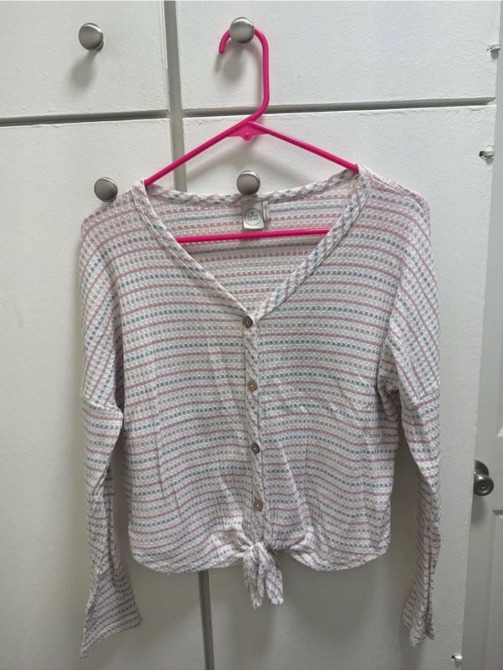 Paper Crane Pink and Cream Striped Waffle-Knit Top